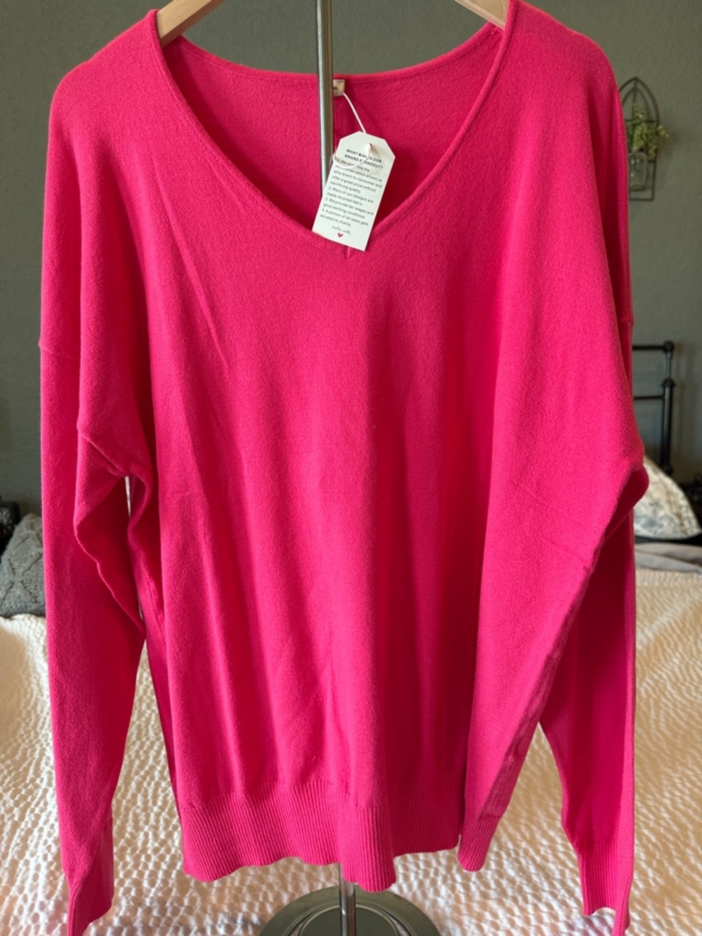 V-Neck Women's Sweater in Bright Pink